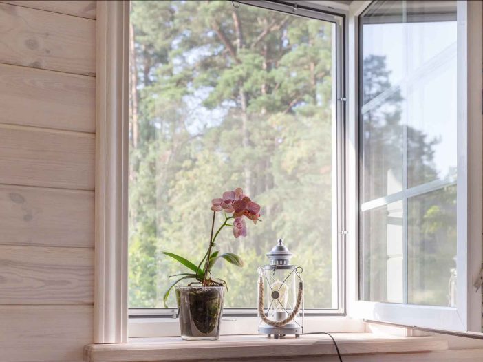 White window with window screen in a rustic wooden house overlooking the garden. Phalaenopsis orchid on the windowsill